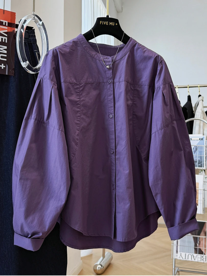 1350秋装新款设计感独特宽松休闲圆领纯棉长袖衬衫女巨好看上衣潮