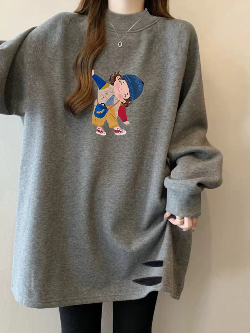 叠穿内搭灰色中长款春秋长袖打底衫女印花T恤遮屁股上衣宽松百搭