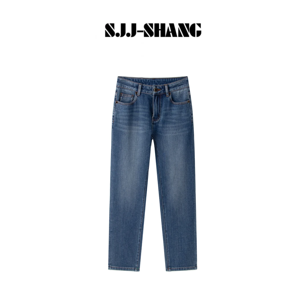 SJJ-SHANG【山茶蓝牛】重工酵洗渐变洗水直筒高腰牛仔裤q134621p