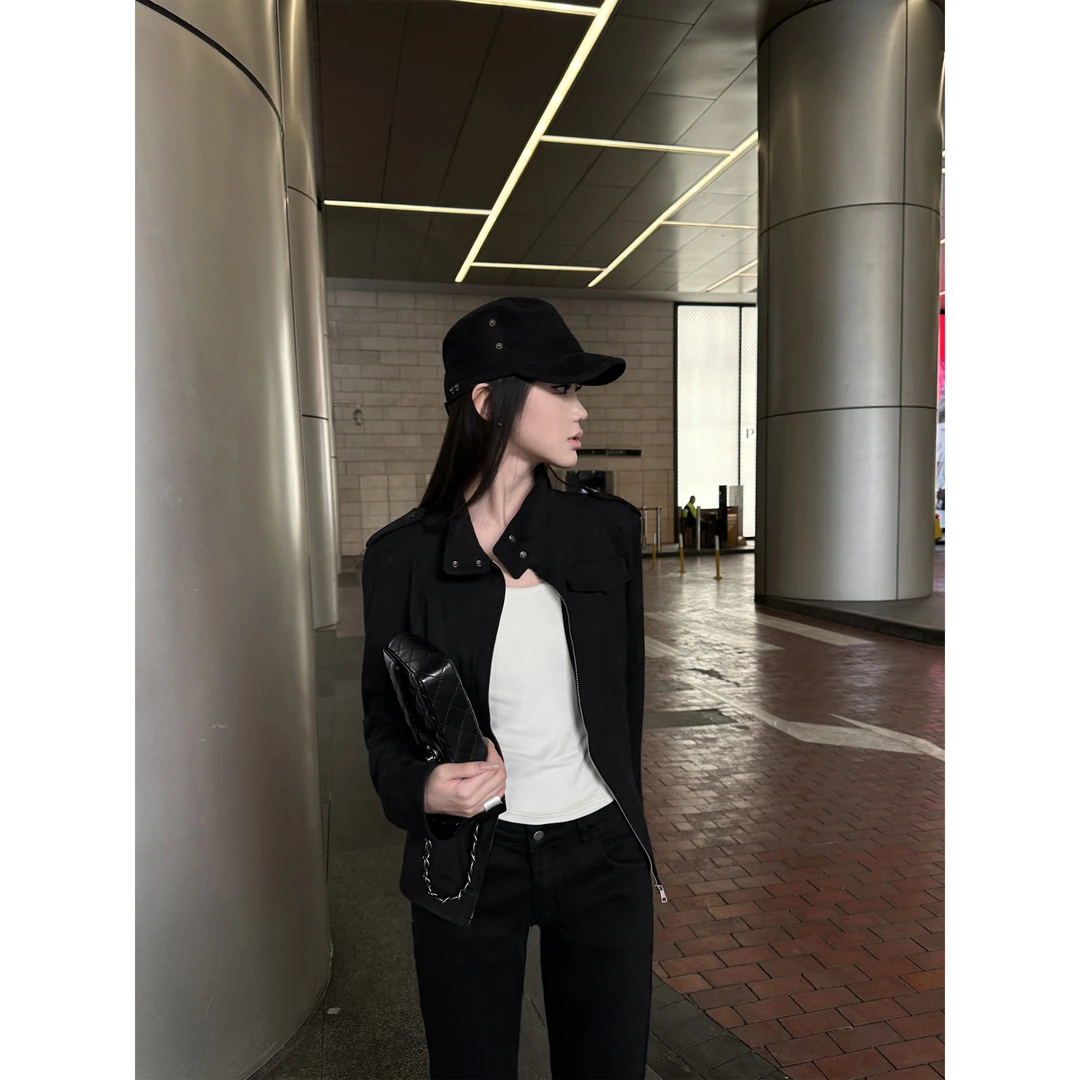 5werkwen 带胸垫吊带/显瘦立领麂皮绒夹克/微喇裤