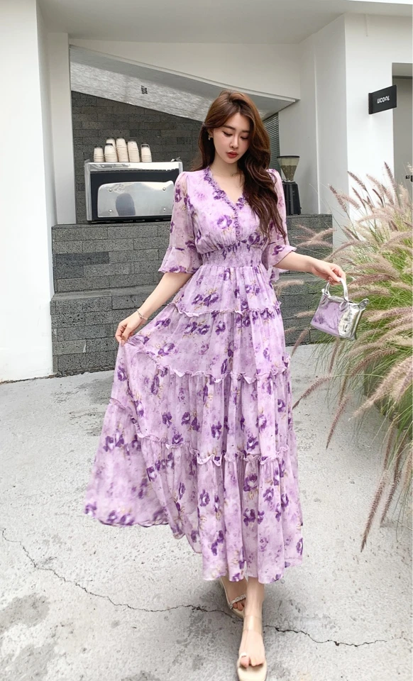 淑雅阁 夏季轻奢时尚碎花收腰连衣裙 11056