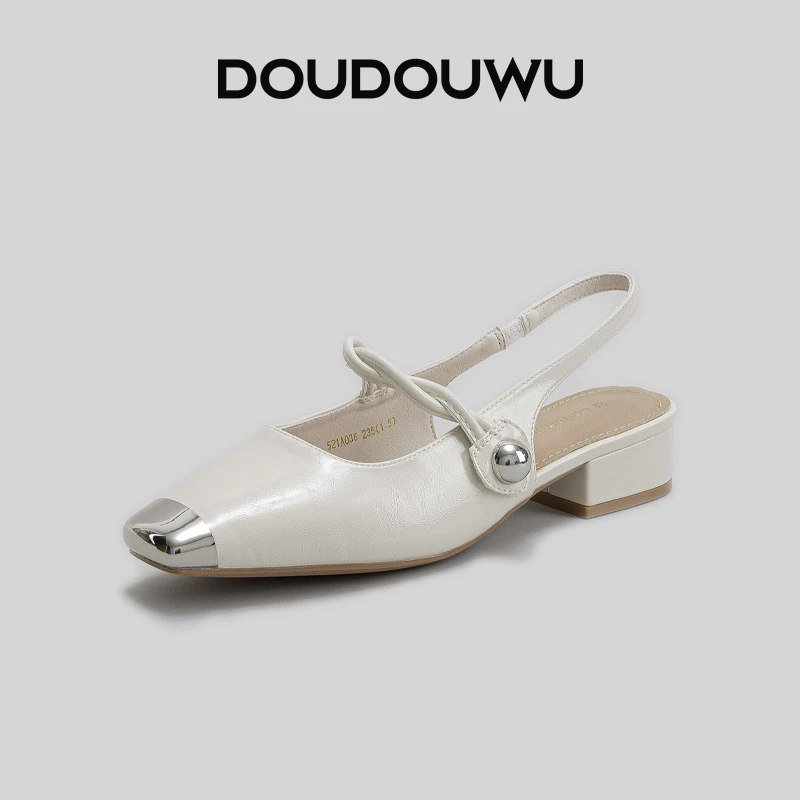 豆豆屋法式小香风后空包头低跟凉鞋2025夏季新款金属防踢头女凉鞋