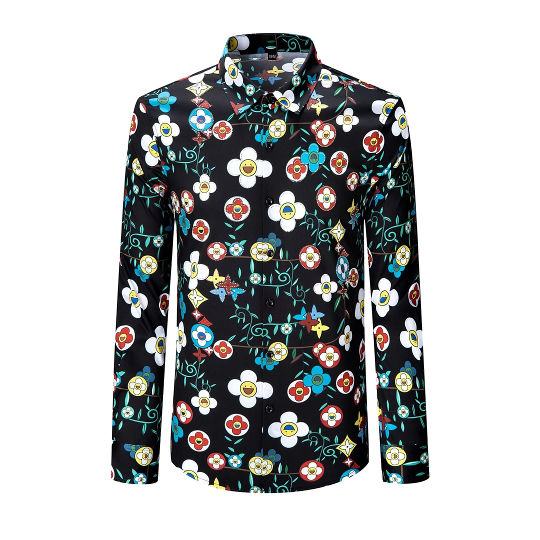 欧货小碎花烫钻男士衬衫高端轻奢时尚修身休闲免烫抗皱长袖衬衣