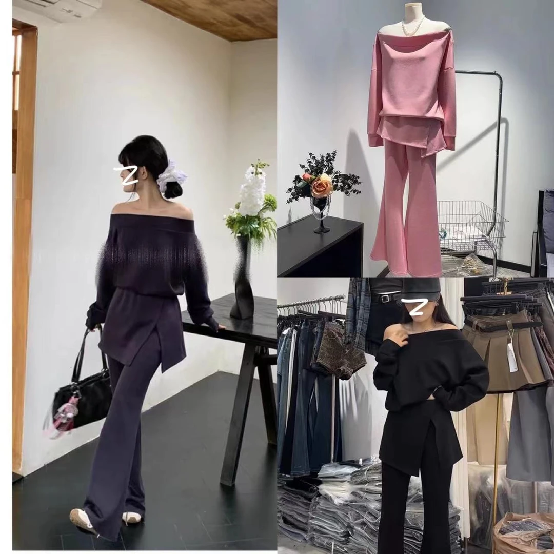 2025新款纯欲设计感气质显瘦一字肩卫衣两件套70310