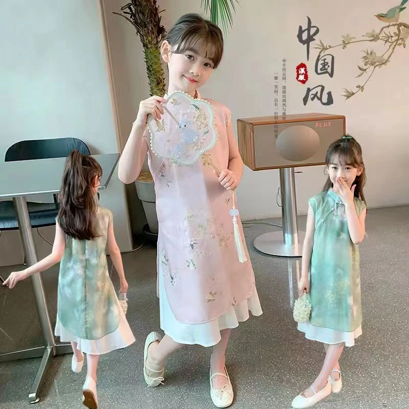 女童旗袍高端国风2025夏季新款大童时尚薄款汉服古装儿童中式裙子