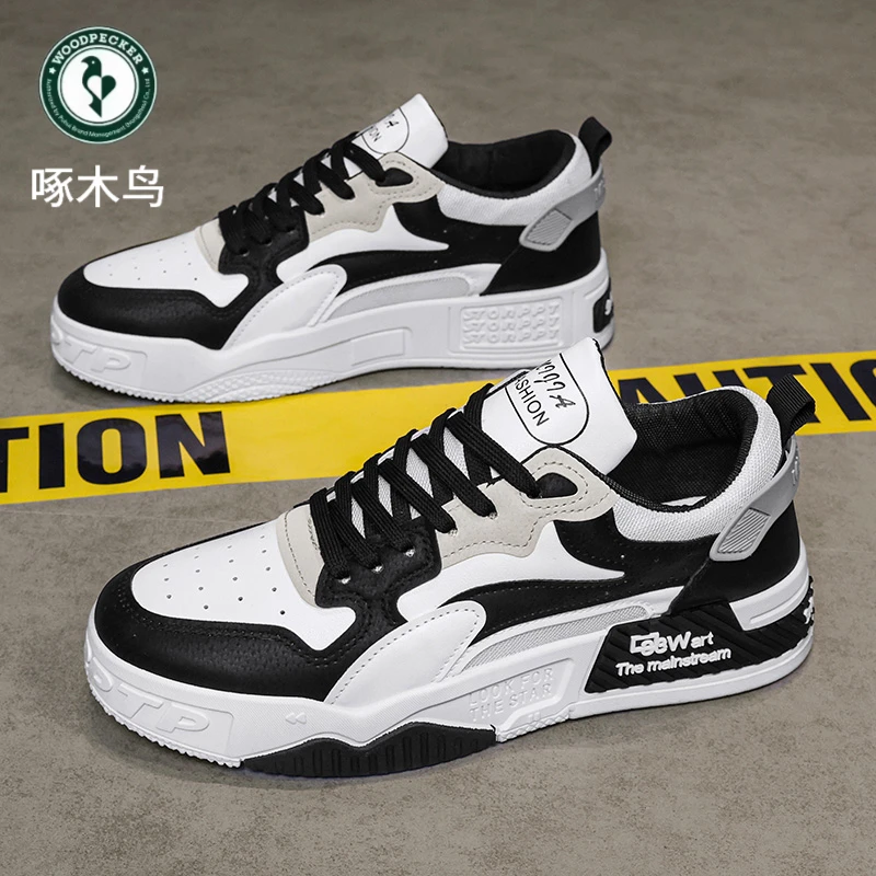 啄木鸟男鞋2024新款夏季透气黑白熊猫板鞋男款运动厚底防滑网面鞋