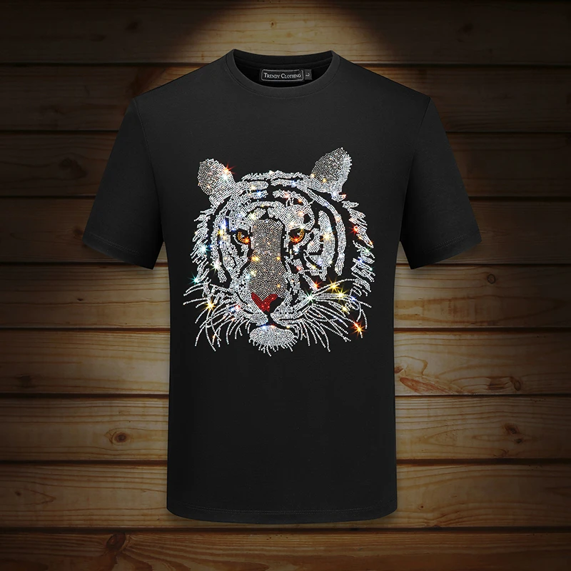 肯梅灵列老虎头烫钻短袖男夏季男装新款半袖时尚休闲百搭重磅t恤