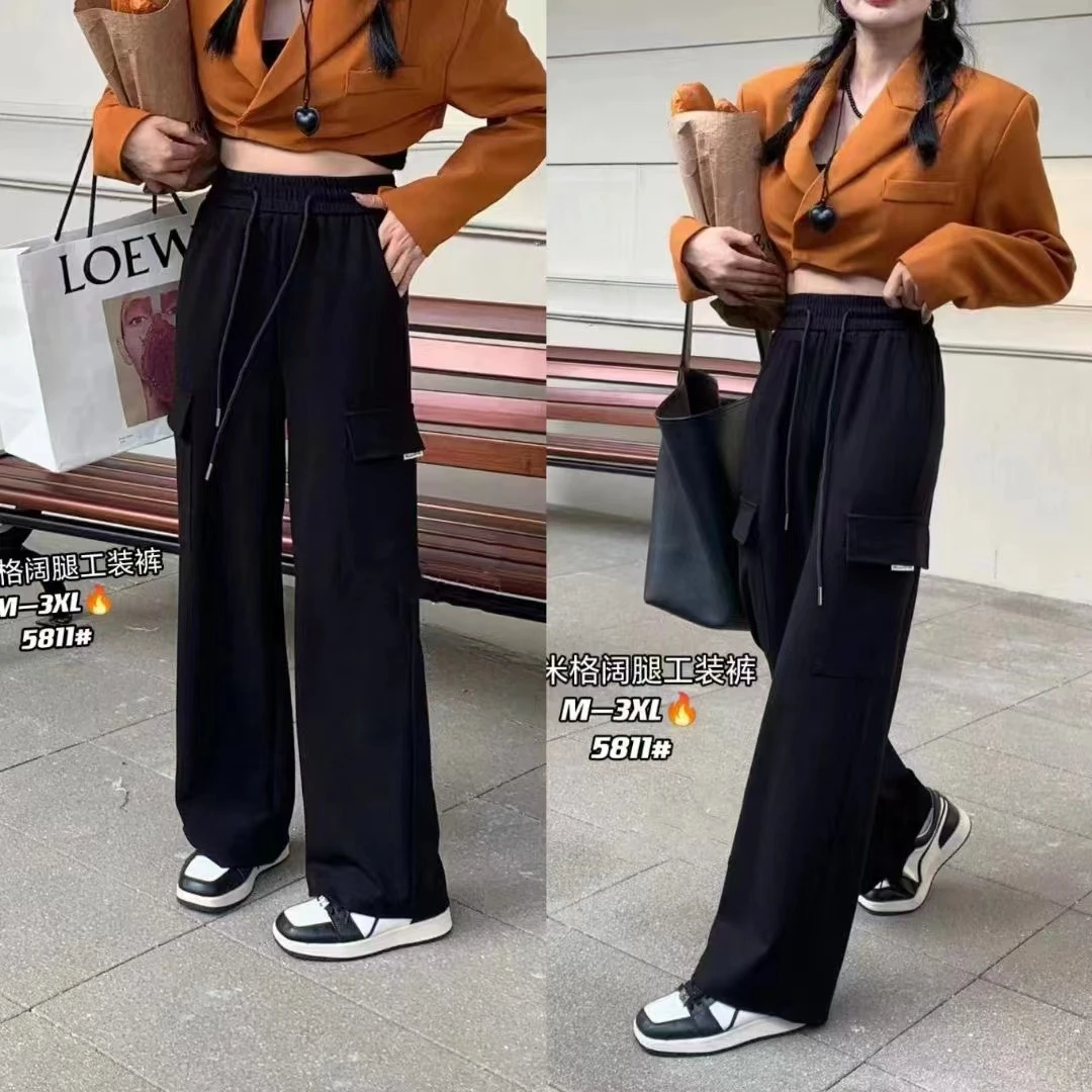 觅裳家【小米格】5811春款高品质显瘦小米格工装阔腿裤