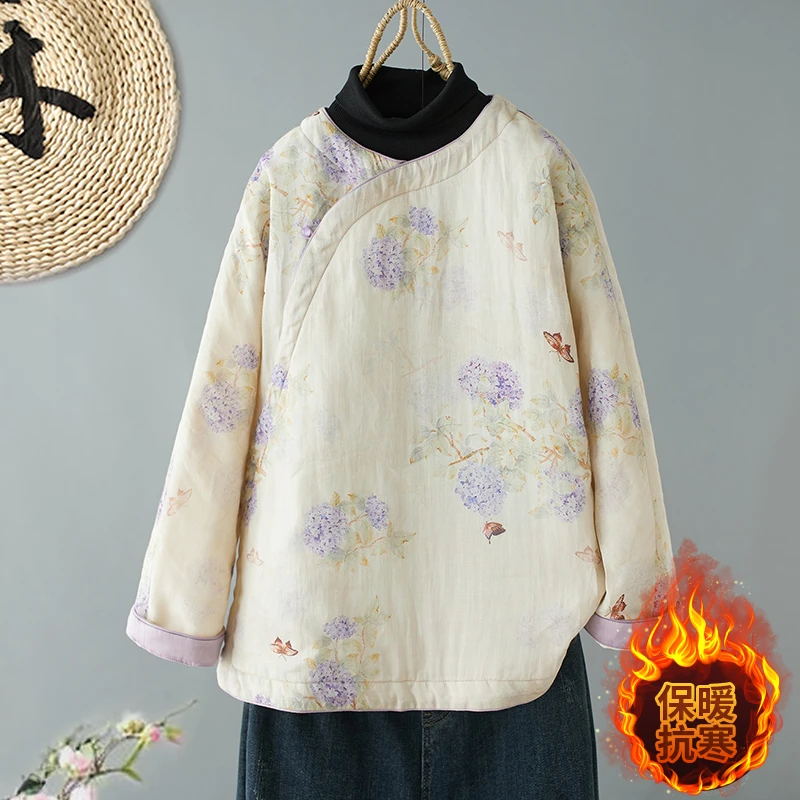 2025冬款旗袍宽松小棉袄中国风印花棉衣复古唐装上衣短款文艺茶服