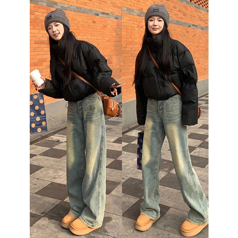 美式高街浅色牛仔裤女2025新款秋季宽松直筒加绒加厚窄版阔腿裤子