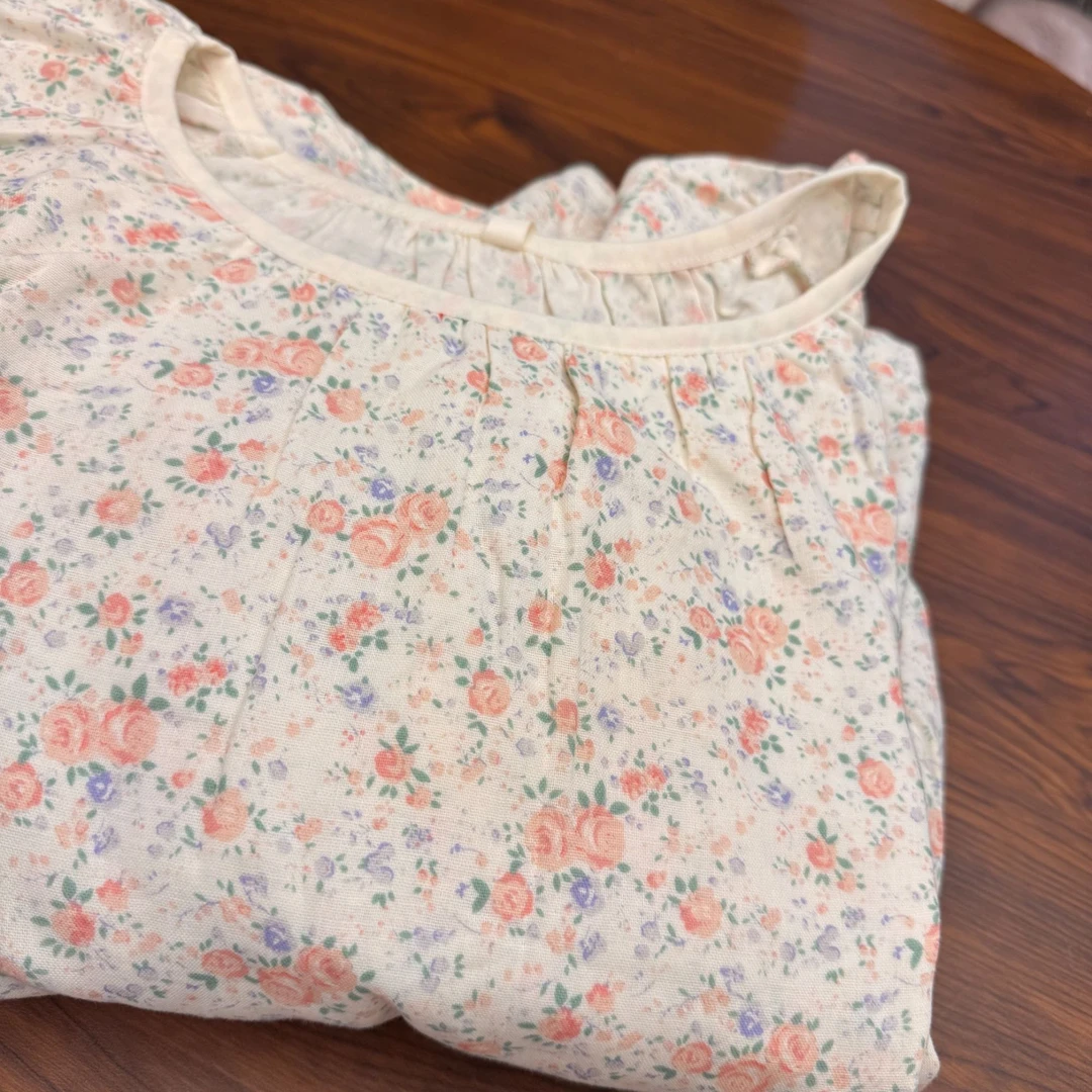 『舒伴家』碎花棉纱宽松套头长袖松紧腰阔腿长裤家居服套装