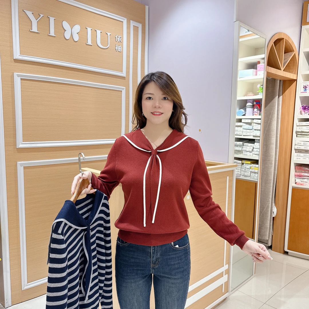 时尚百搭短款针织毛衣5-8807秋季长袖海军领气质/长55厘米