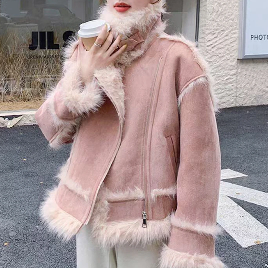 长袖韩版女拉链加绒加厚款宽松短外套标准皮毛一体