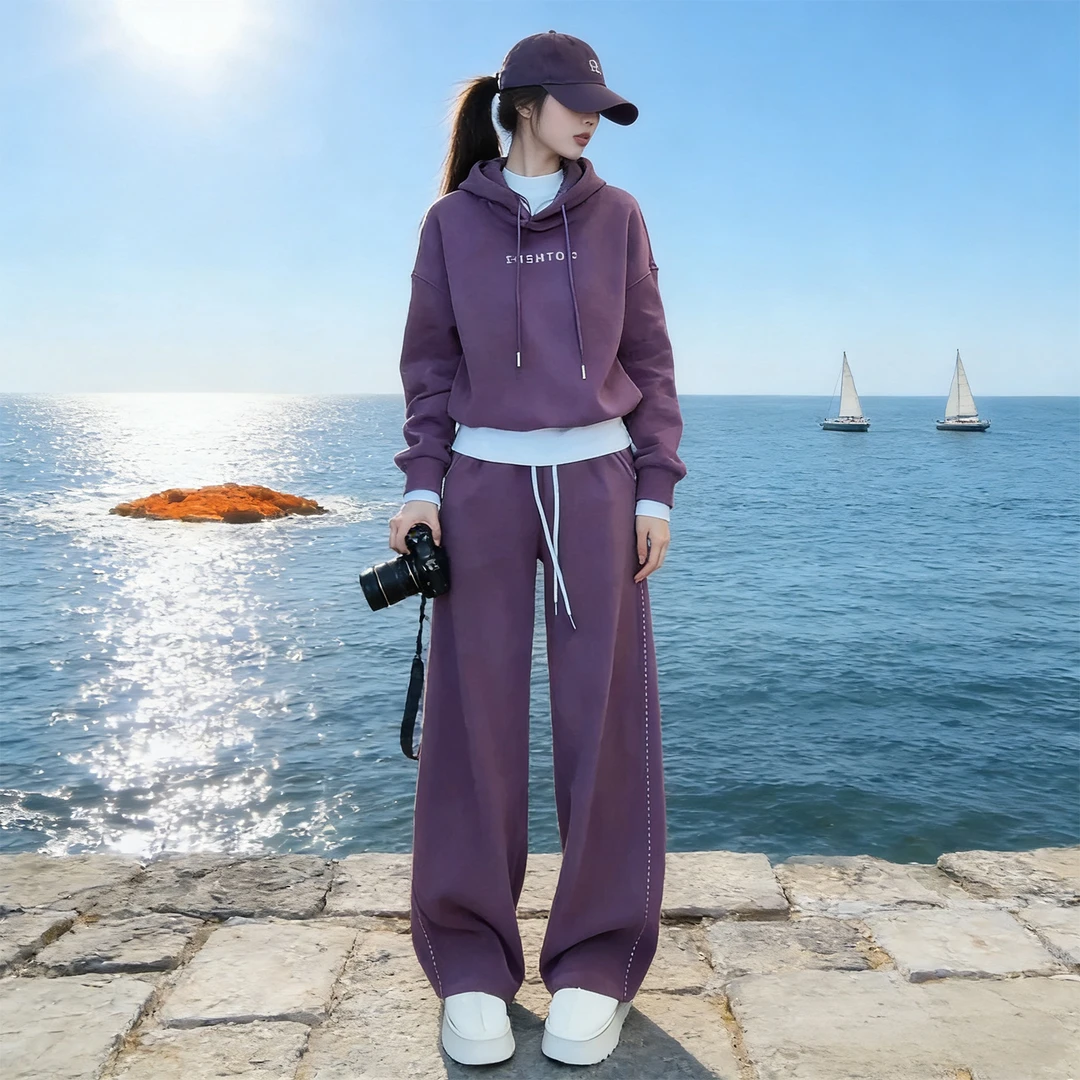 高级感连帽运动套装女2025新款时尚休闲显瘦减龄紫色卫衣两件套