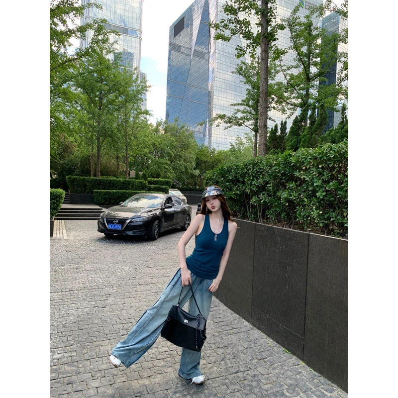 美式纯欲夏季休闲百搭洋气小众工字吊带背心高腰水洗直筒裤牛仔裤