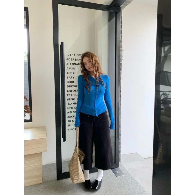 美式时尚高级气质圆领收腰针织衫女2025秋冬宽松百搭显瘦阔腿裤子