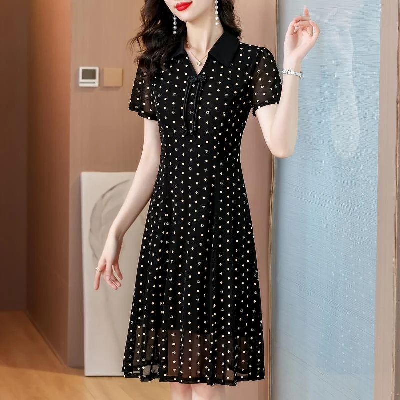 波点雪纺连衣裙2025新款夏季国风女装短袖母亲节妈妈夏装气质裙子