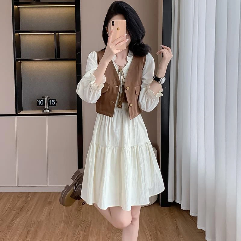 法式气质时尚套装裙女2025新款马甲背心雪纺连衣裙两件套
