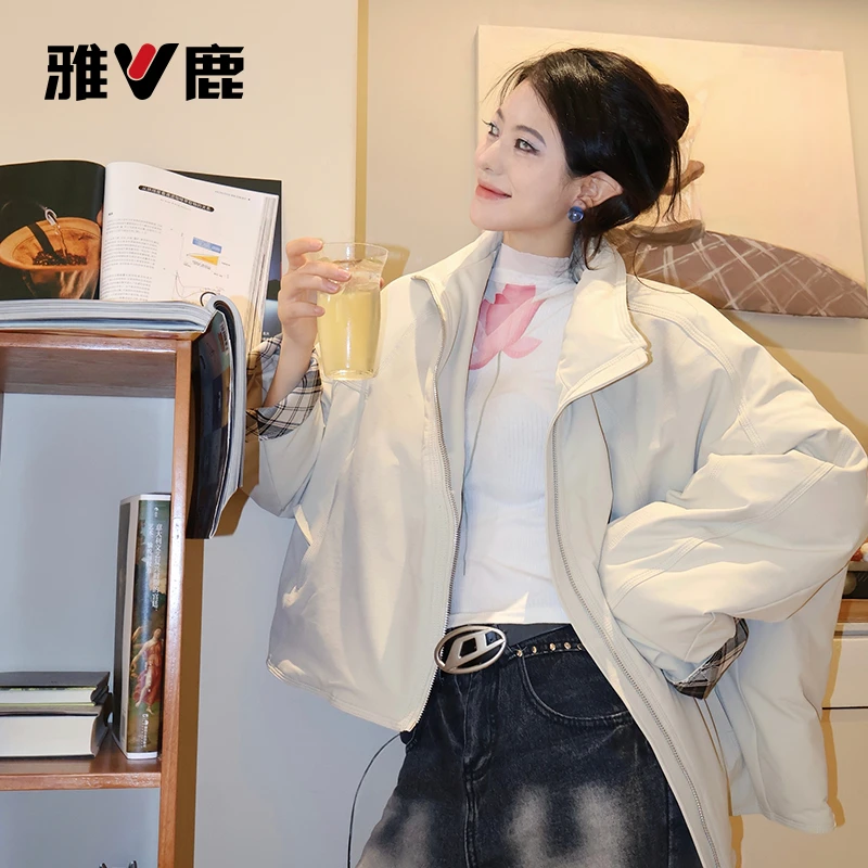 雅鹿【高品质鹅绒】宽松型防水洋气保暖时尚冲锋衣立领纯色秋冬穿搭