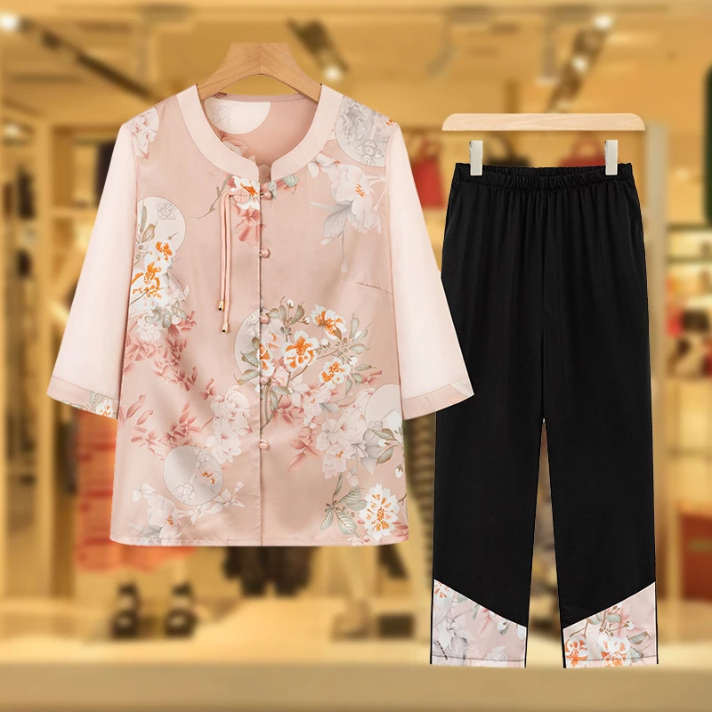 中老年人女妈妈夏装衣服老太太国风套装奶奶衬衫老年人薄款两件套