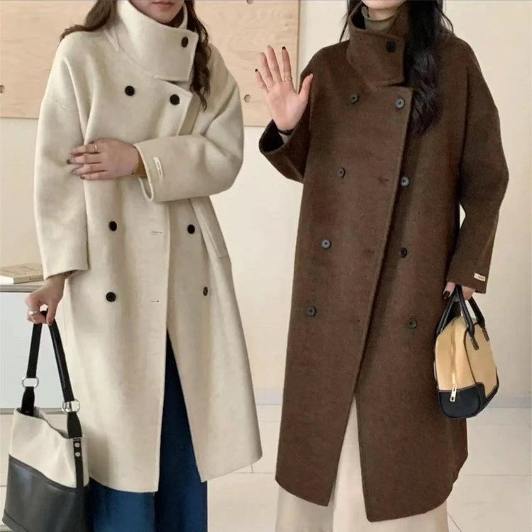 2024气质款长毛立领秋冬季新100%双面羊绒大衣女宽松长款毛呢外套