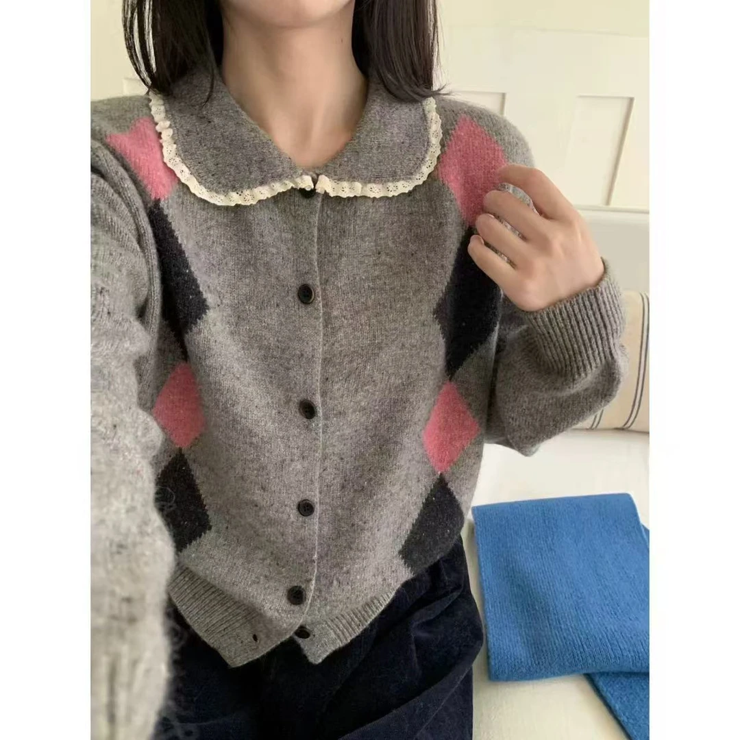 网红撞色毛针织衫开衫翻领不褪色常规款女针织毛衣