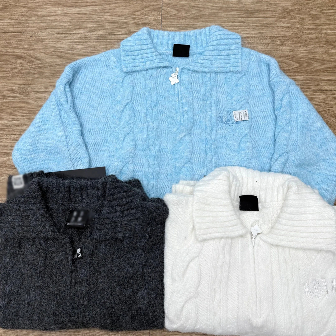 M家麻花翻领休闲毛衣外套