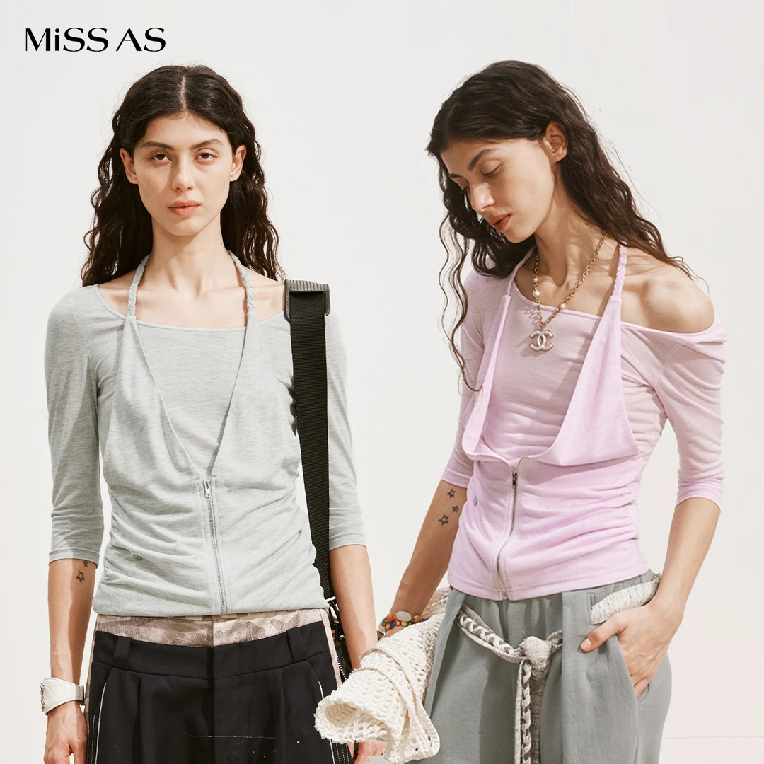 【MEDIUM WELL】纯色百搭挂脖假两件中袖套头衫设计师