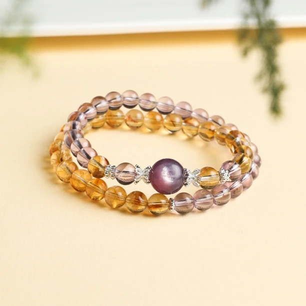 （桃）约6mm黄紫水晶双圈手链一条