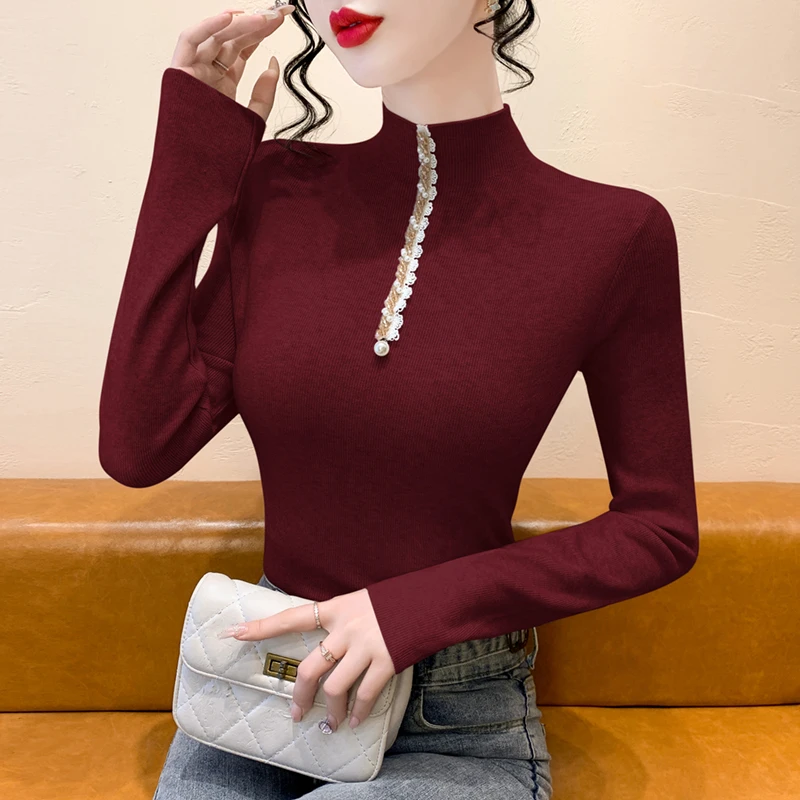 重工钉钻打底衫女秋冬高级感新款爆款修身气质蕾丝拼接半高领上衣