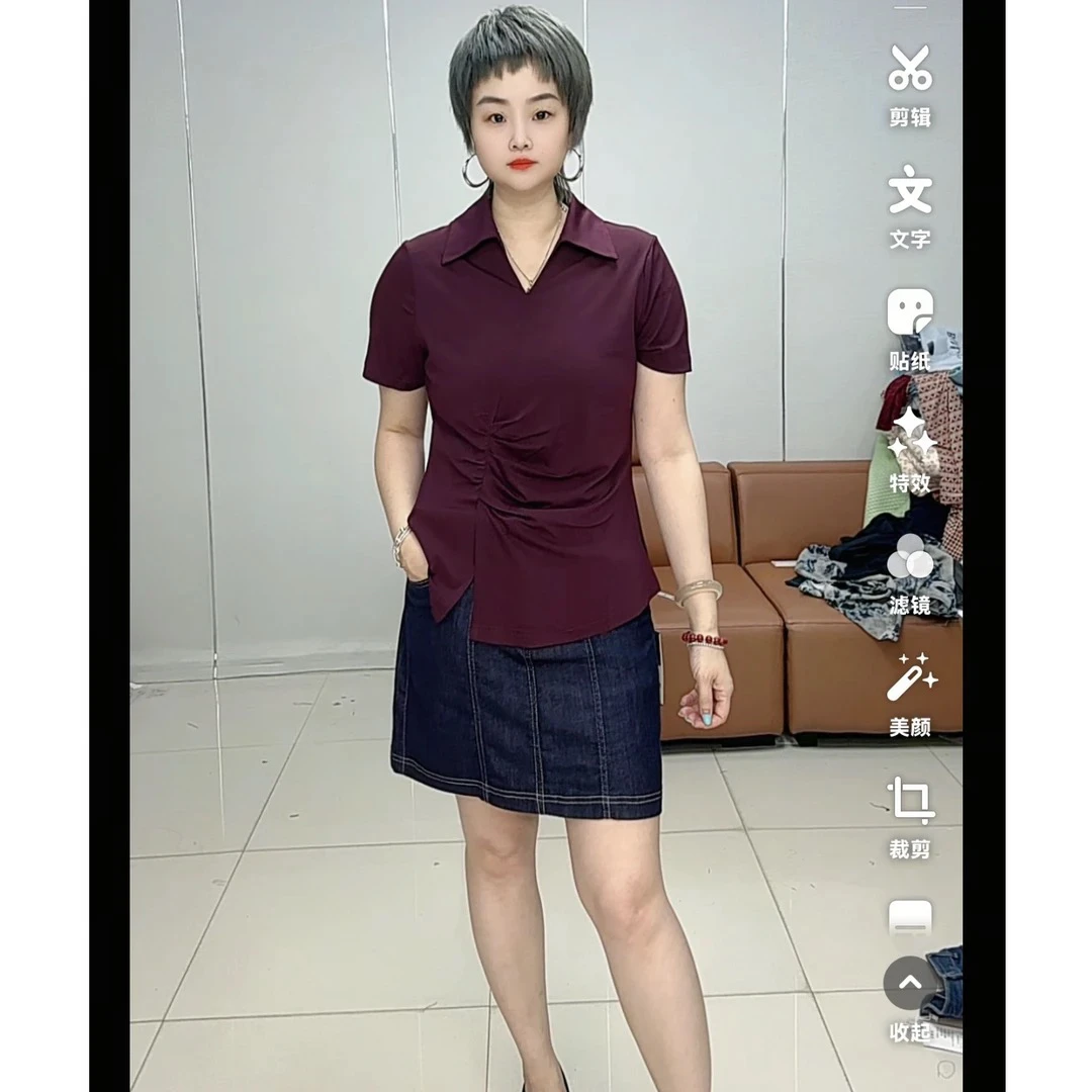 小施家设计版气质翻领收腰冰爽垂感显瘦T恤7006