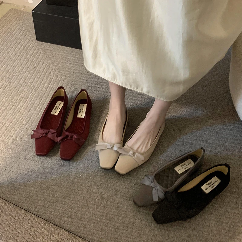 法式蝴蝶结缎面方头单鞋女2025年春季新款温柔仙女风浅口低跟鞋