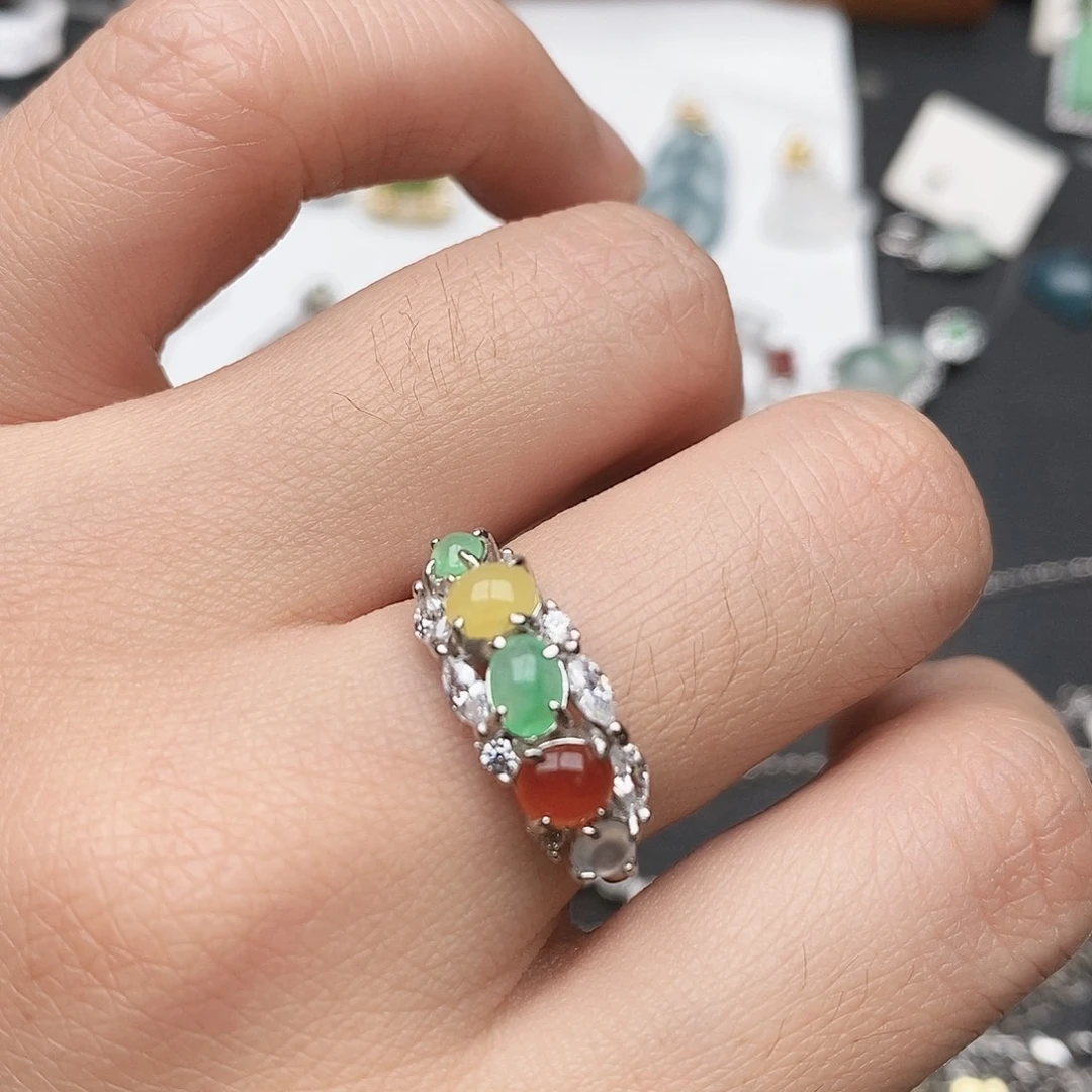 翡翠银S925镶嵌颈饰多宝排戒