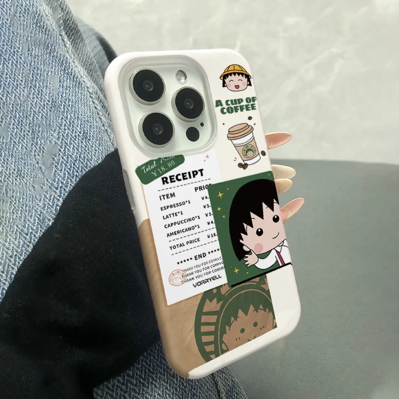 咖啡小丸子双层菲林壳适用于苹果16手机壳爱心ins卡通透明全防摔