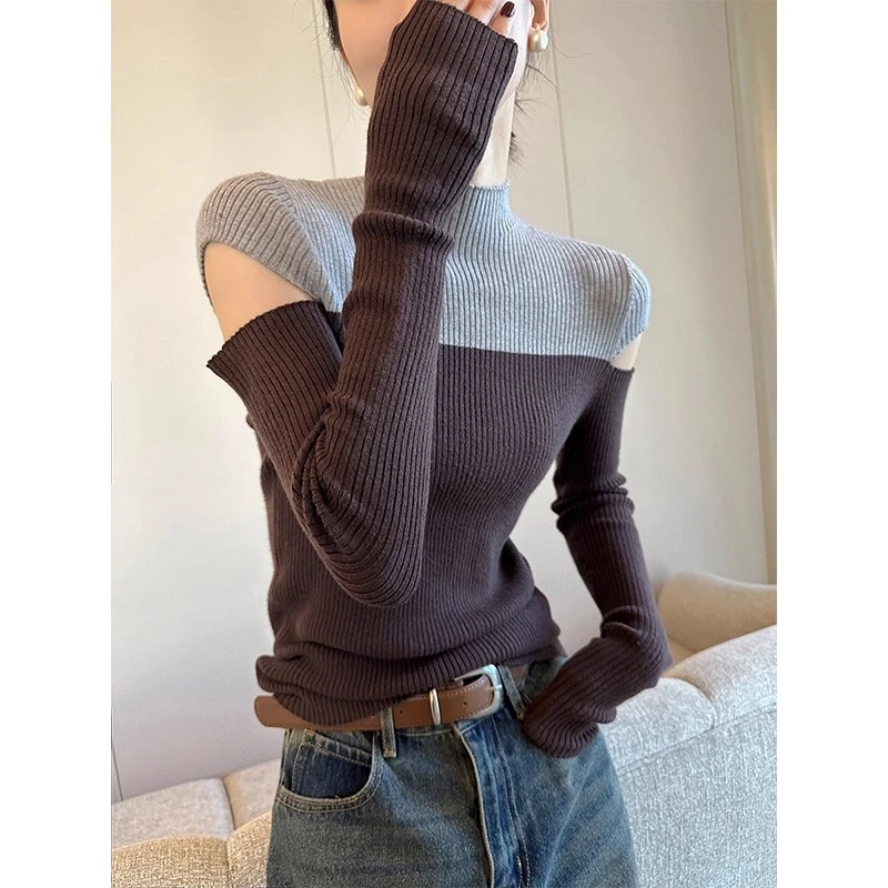 拼色半高领露肩针织衫女秋季2025新款修身显瘦内搭打底衫毛衣上衣