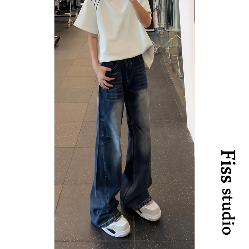2025新款设计感压皱宽松牛仔裤男韩版直筒长裤显瘦磨白阔腿拖地裤
