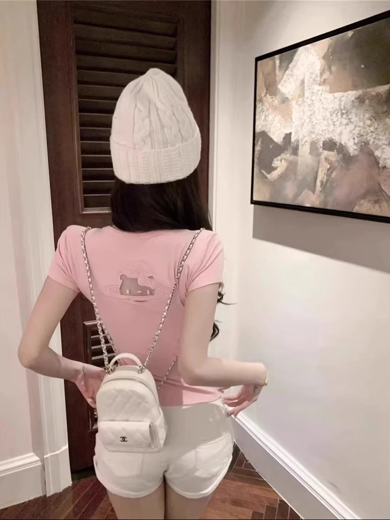 Kitty猫镂空透明刺绣纯欲甜美辣妹韩版修身显瘦短袖T恤纯色上衣