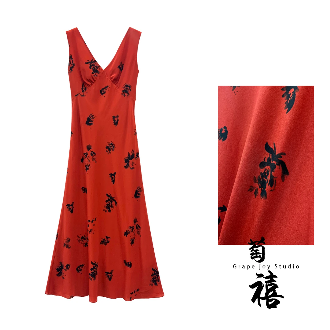 【萄禧】桑蚕丝修身V领印花无袖显瘦连衣裙TX03QZ0038