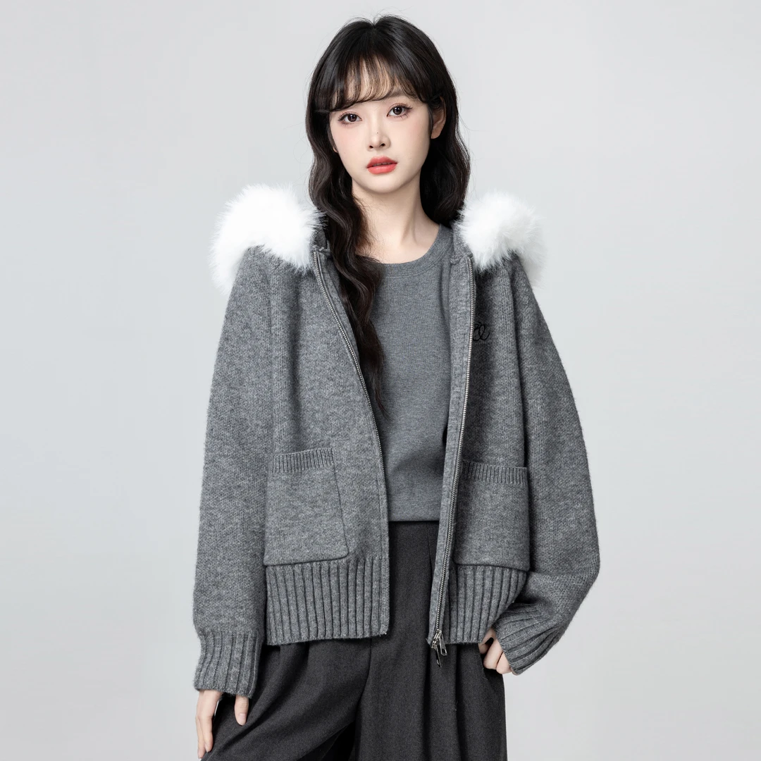 灰色连帽毛衣外套女秋冬2025冬季新款加厚双拉链针织开衫带帽上衣