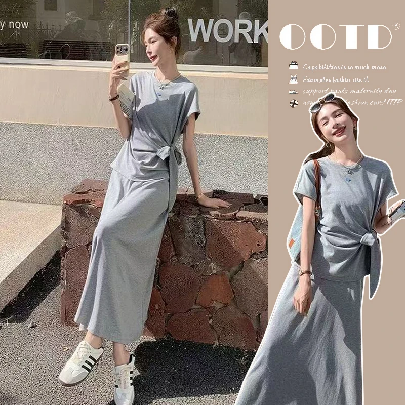 蝴蝶结系带休闲运动套装裙韩系时尚T恤半身裙一整套孕妇装