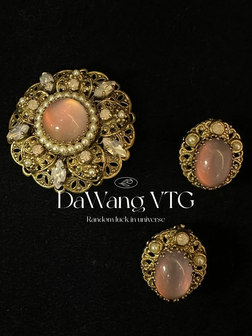 黄铜仿珍珠胸针 W粉色中古莱茵石耳夹胸针套装