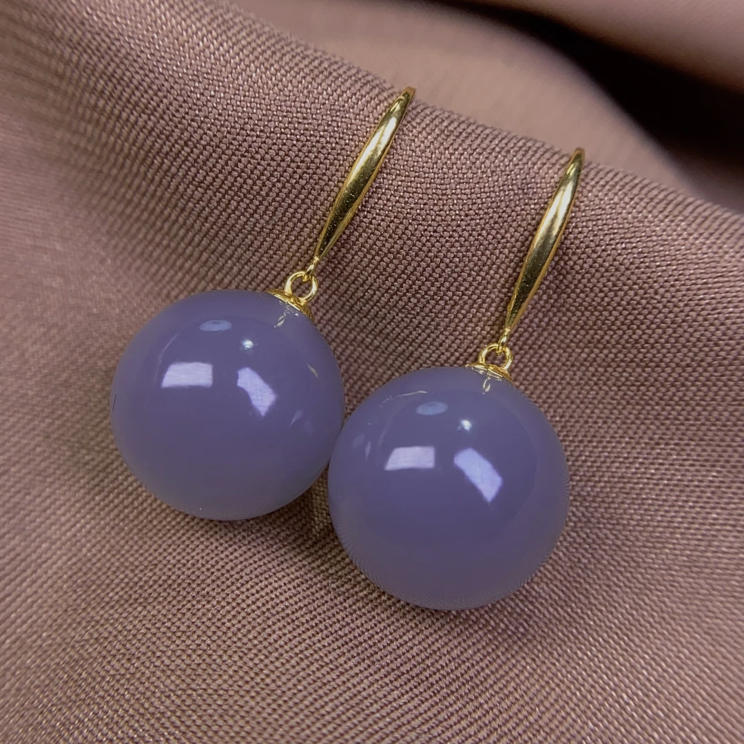 天然和田玉青海料精品烟紫约12mm圆珠18K金镶嵌耳环经典百搭@0073