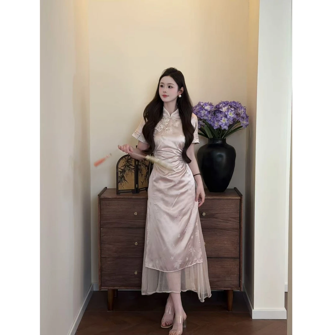 七七很芒【画鸢】新中式刺绣旗袍国风夏季假两件连衣裙XMZH6575