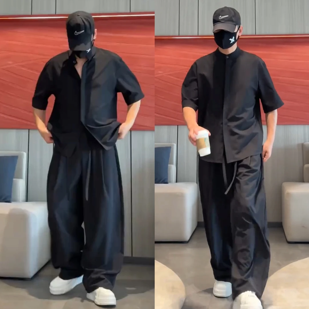 夏季轻薄凉爽简约宽松纯色百搭冰丝立领男士短袖长裤套装两件套