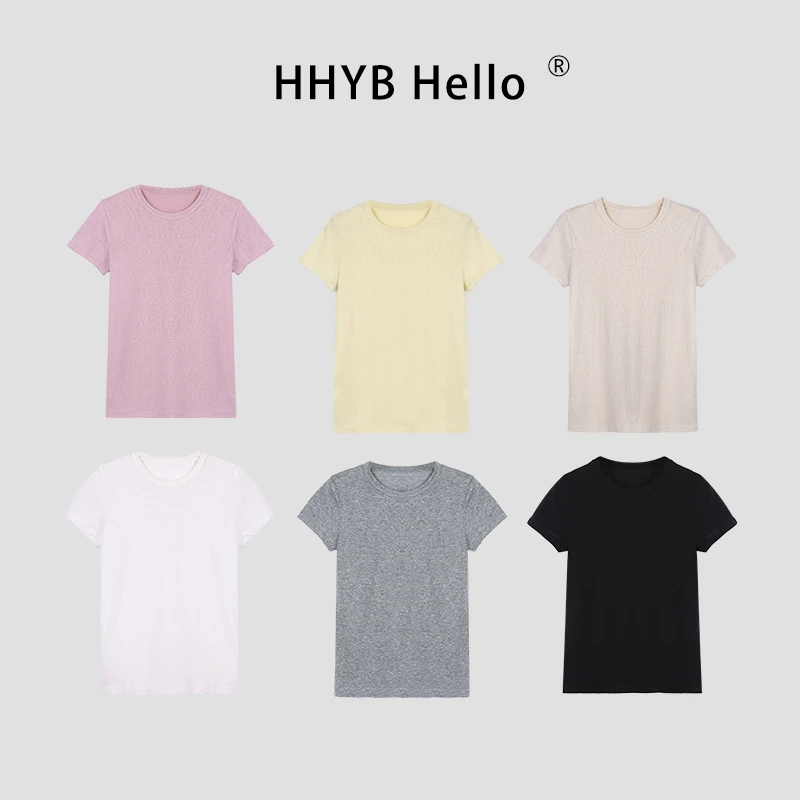 HHYB Hello【Q】韩系小众圆领正肩修身短袖T恤夏季新款上衣250187