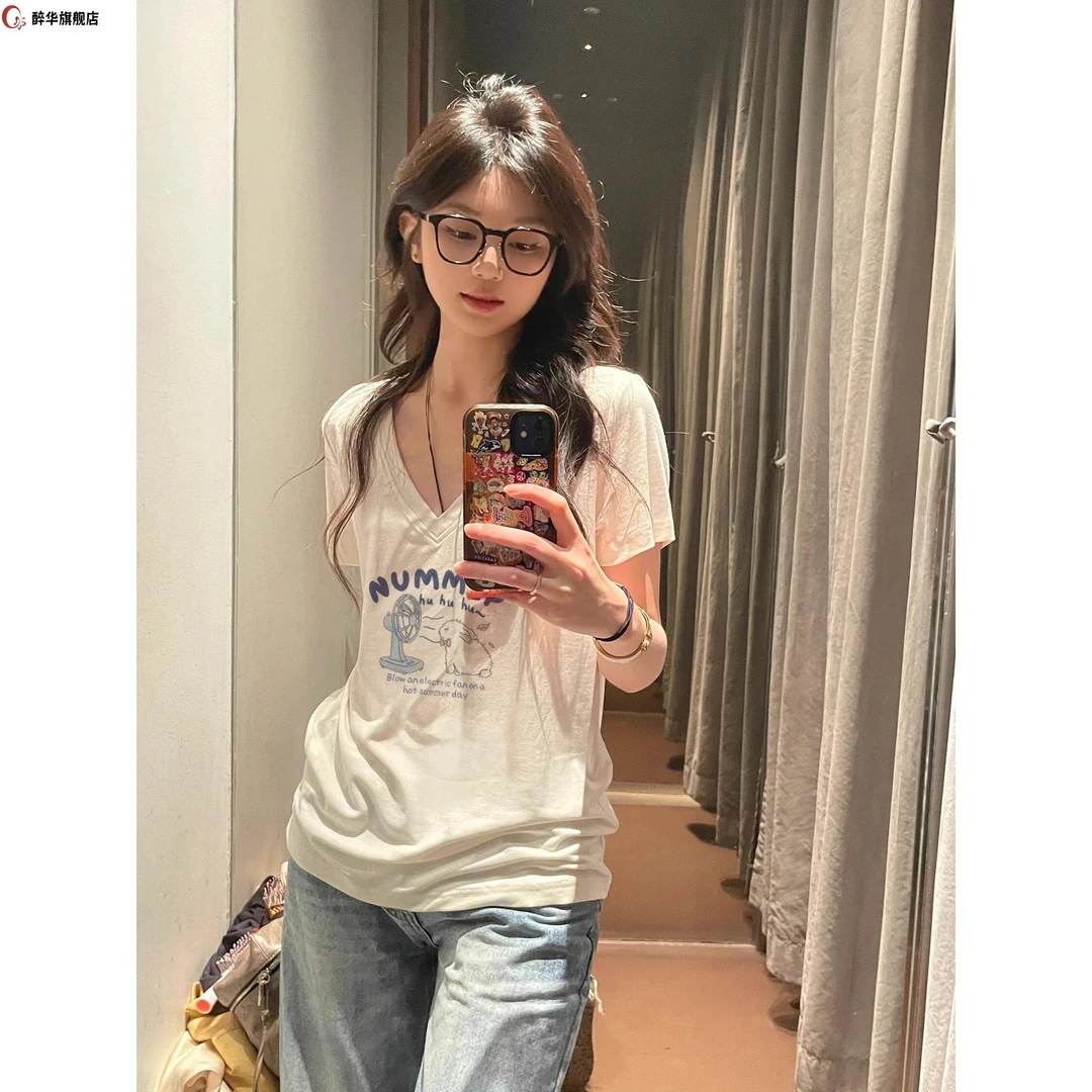 醉华夏季大领口宽松休闲白色正肩上衣服新爆款设计感小众V领短袖T