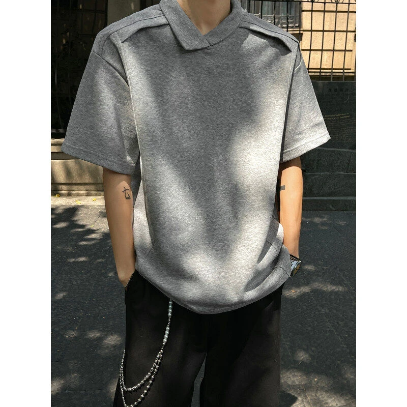 元点夏季新款美式休闲百搭简约纯色翻领韩系男女同款宽松短袖