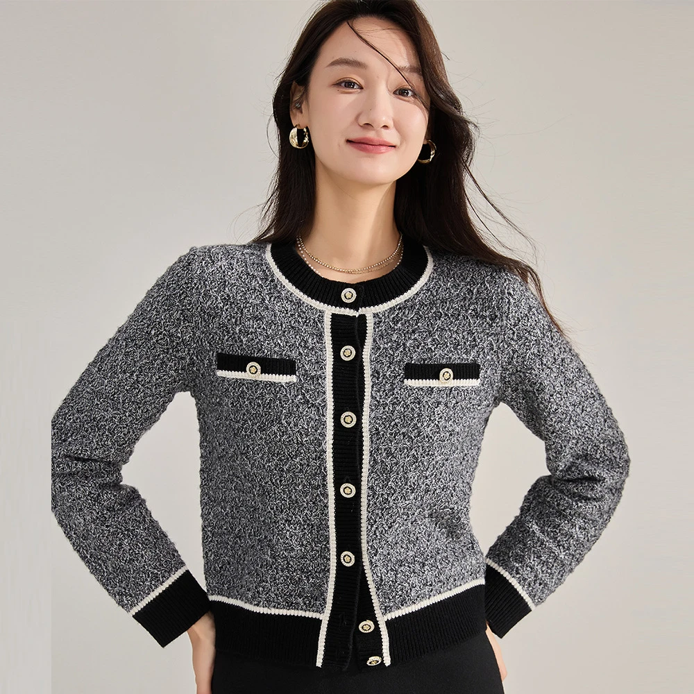 24秋新款法式英伦小香感撞色职场通勤针织衫开衫毛衣上衣女22457