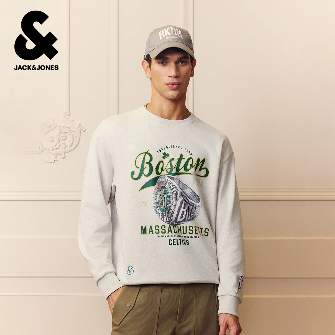 杰克琼斯NBA联名男装卫衣秋季新款印花舒适纯棉廓形圆领上衣