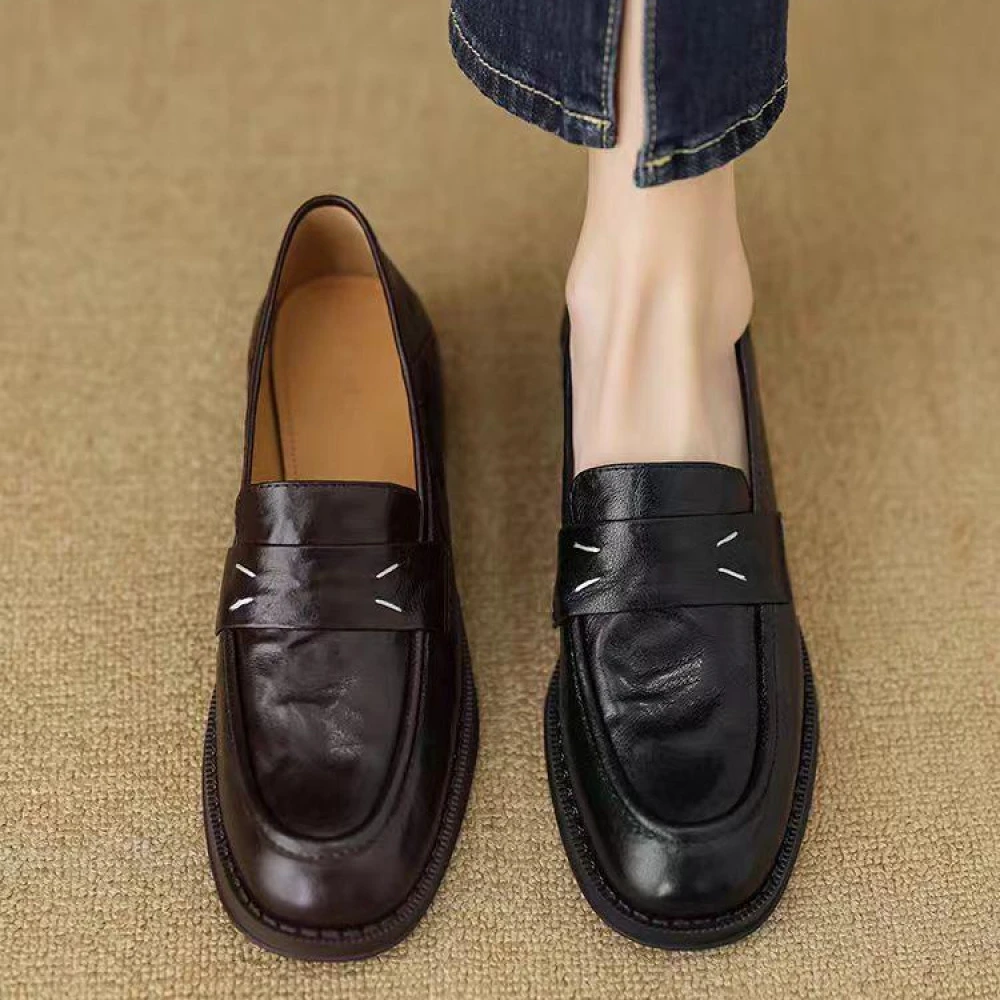 新款玛丽珍羊皮圆头乐福鞋女英伦风中跟粗跟真皮深口单鞋女软底